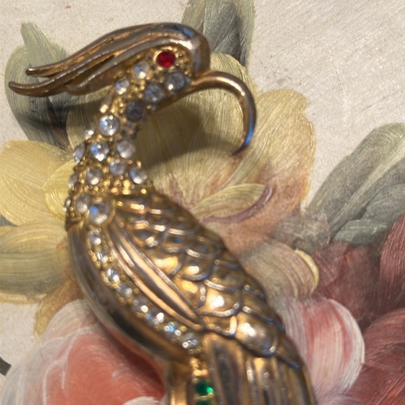 Vintage 30’s Bird of Paradise pot metal w/vermeil/rhinestones brooch 5 3/8” - Picture 2 of 14